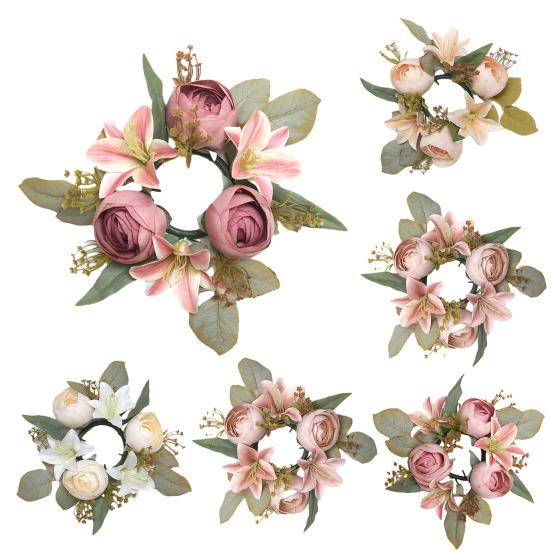 Mini Artificial Wreath Candle Ring Realistic Faux Lily Rose Garland with Plastic Base Candle Wine Decoration Weddings Party Dining Table Centerpiece