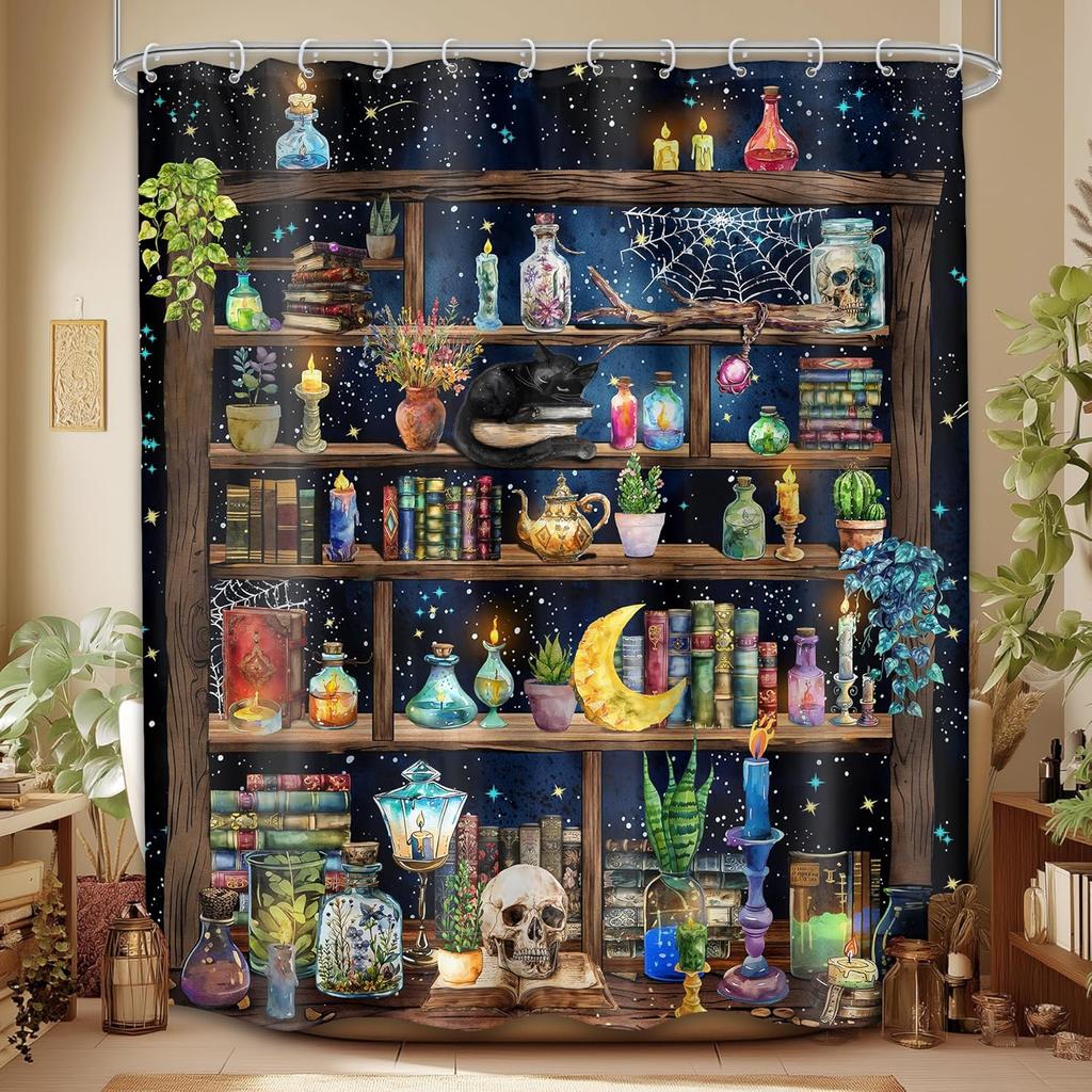 Gothic Skull Shower Curtain Bathroom Set Halloween Death Head Moth Pink Flower Leaves Spider Scary Witchy Bath Accessories