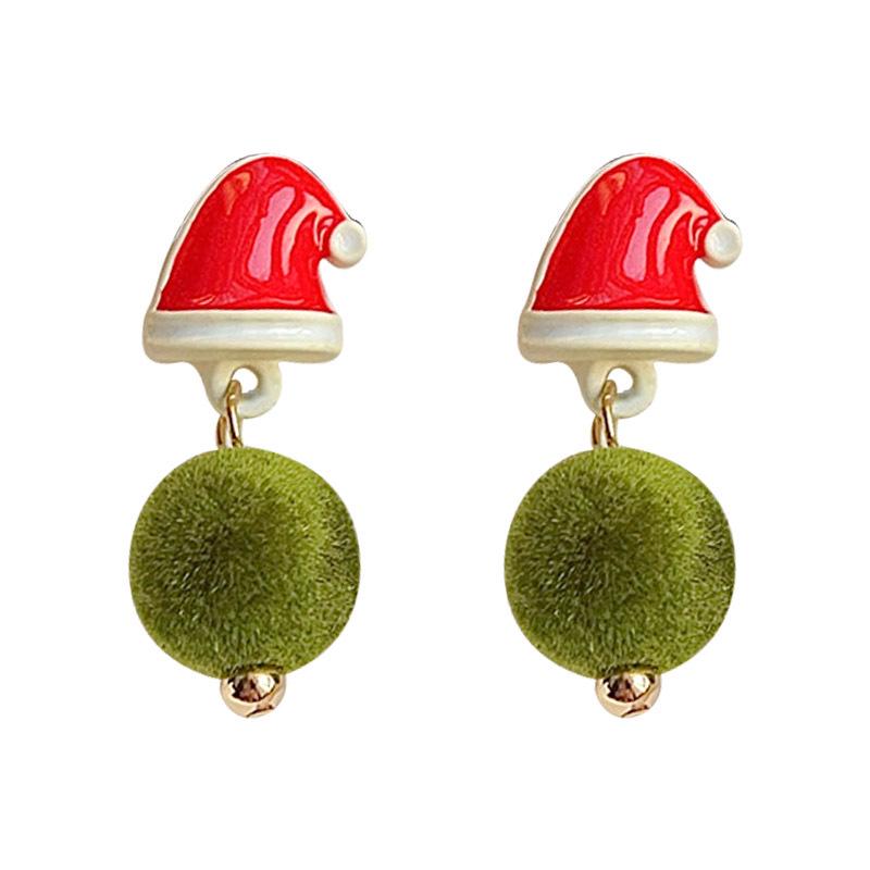 Festive Green Pompon & Red Hat Earrings for Women - Creative Holiday Design