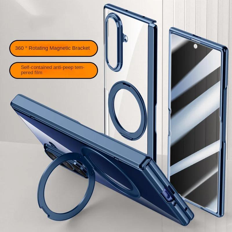Metal Ring Holder Magsafe Magnetic Phone Case for Samsung Galaxy Z Fold 7 Spring Hinge with Tempered Glass Film Protection Cover