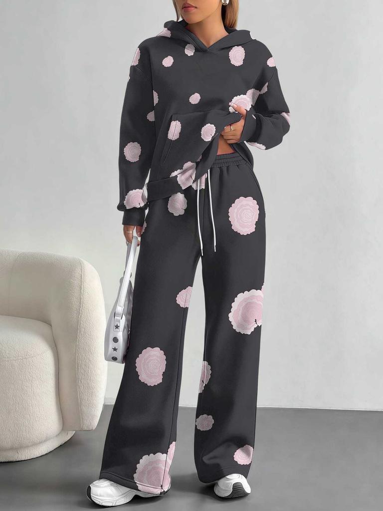 Broken Flowers European And American Autumn And Winter Casual Long-Sleeved Suit Women'S Hooded Sweater Trousers Two-Piece Set