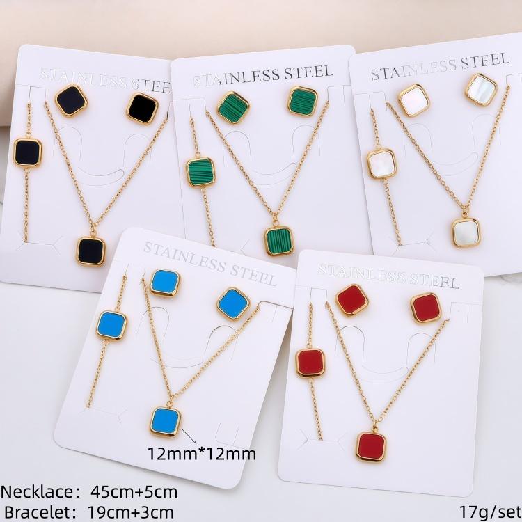 Stainless Steel 18k Gold Plated Tarnish Free Square Shell Necklace Earrings Bracelet Set for Women Wedding Party Jewlery Suit