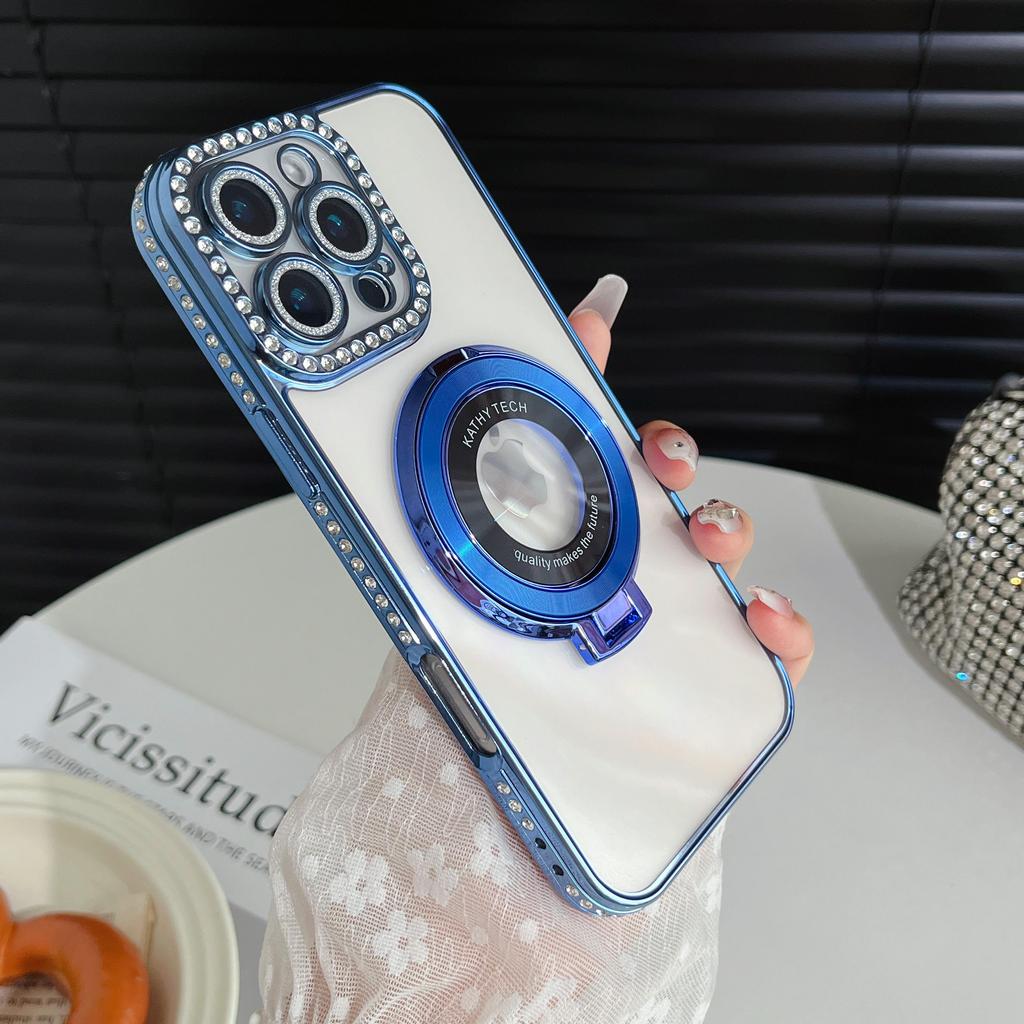 Magnetic Plating Glitter Diamond Camera Lens Protector Bumper Phone Case With Stand For iPhone 17 16 15 Pro Max Samsung S25 S24 Clear Protective Cover