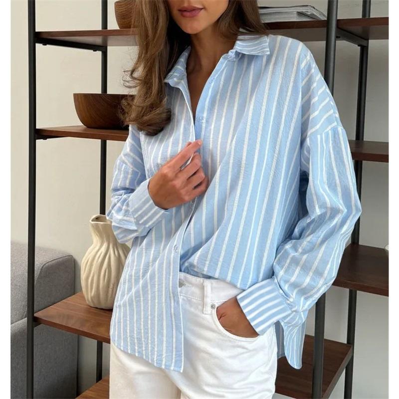 European And American Women's Summer New Long-sleeved Cardigan Jacket Striped Shirt Casual And Comfortable Top