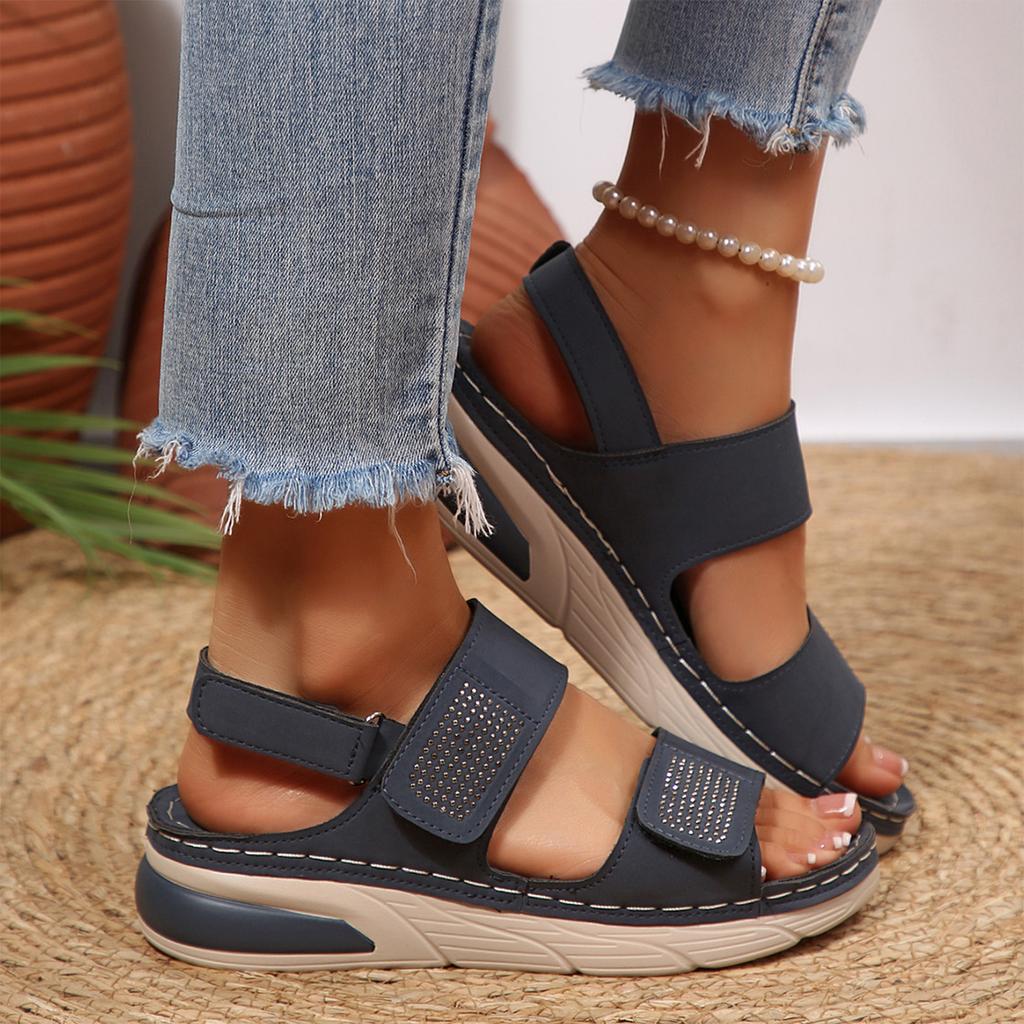 Women's Casual Plus Size Wedge Sandals with Rhinestone Decoration Adjustable Straps Air Cushion Sole Comfortable Summer Footwear
