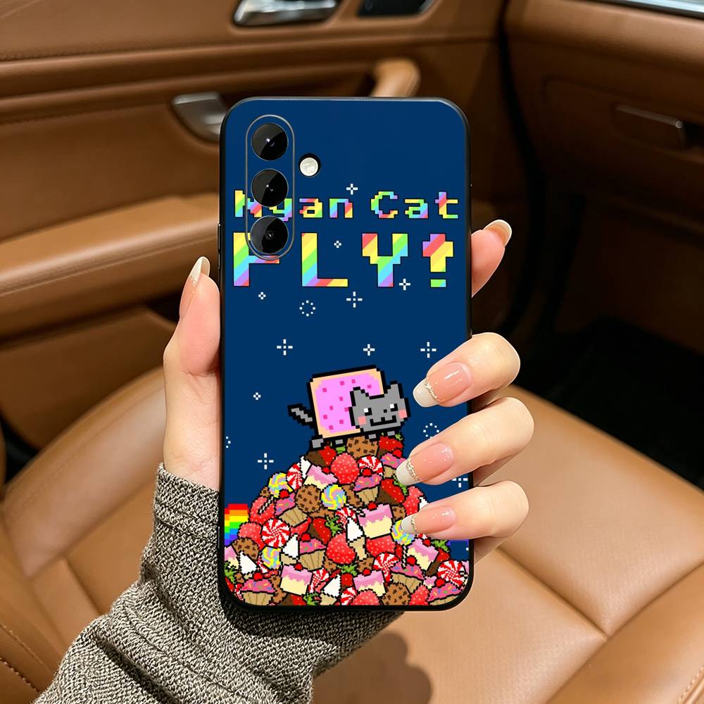 Cute N-Nyan -C-Cat Phone Case For Samsung Galaxy A73,A71 A72,A70,A53,A52,A51,Soft Silicone Black Cover