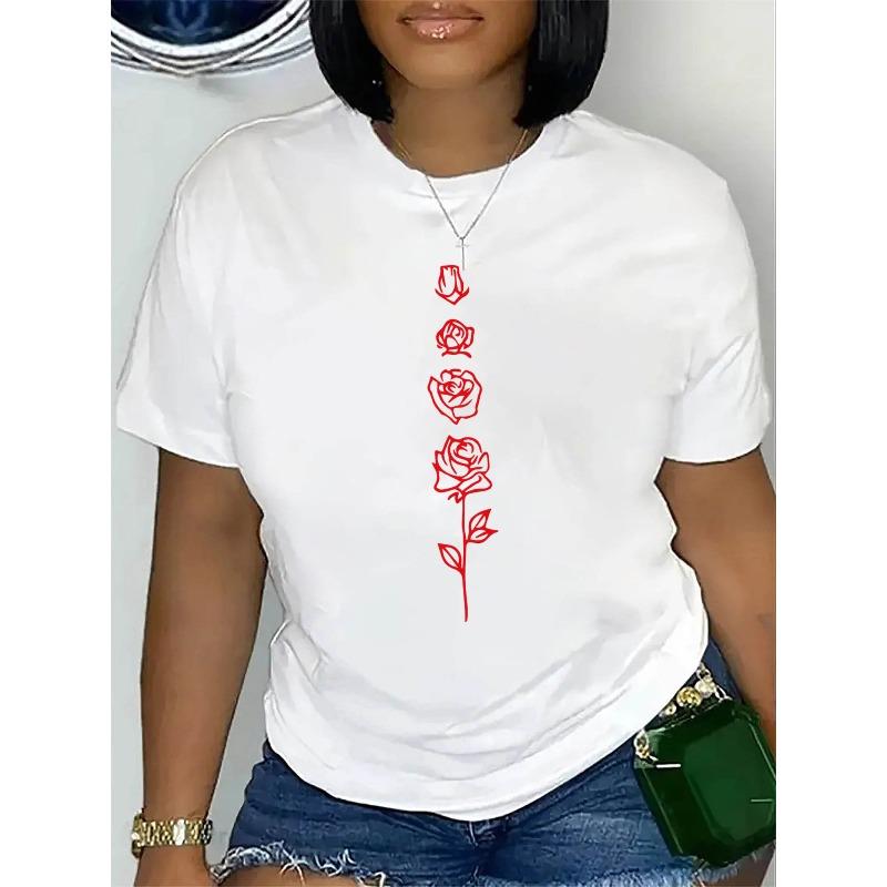 

Wo Casual Floral Print T-Shirt | Short Sleeve, Round Neck, Stretchy Blend, White with Red Rose Design, Perfect for Summer and Casual Attire, S белый