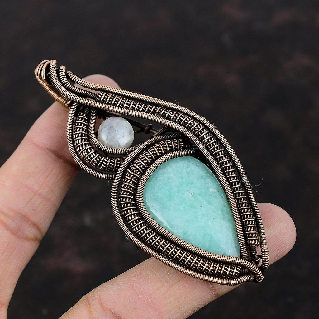 Amazonite Pendant Copper Wire Wrapped Pendant Moonstone Jewelry Handmade Designer Pendant Gemstone Pendant Copper Wire Jewelry Wedding Gift