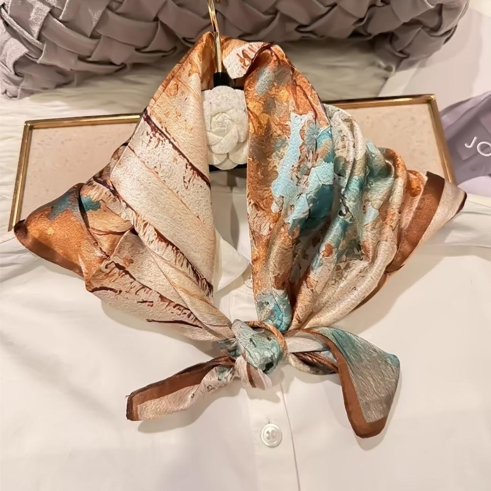 green Women 100% Mulberry Silk Scarf For Hair Headscarf Spring Fall Elegant Floral Small Silk Square Neck Scarves Neckerchief