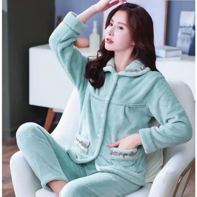 Thick Autumn Winter Warm Flannel Women Pyjamas Sets Long Sleeve Pijama Sleepwear Flannel Women Pajamas Set Home Wear