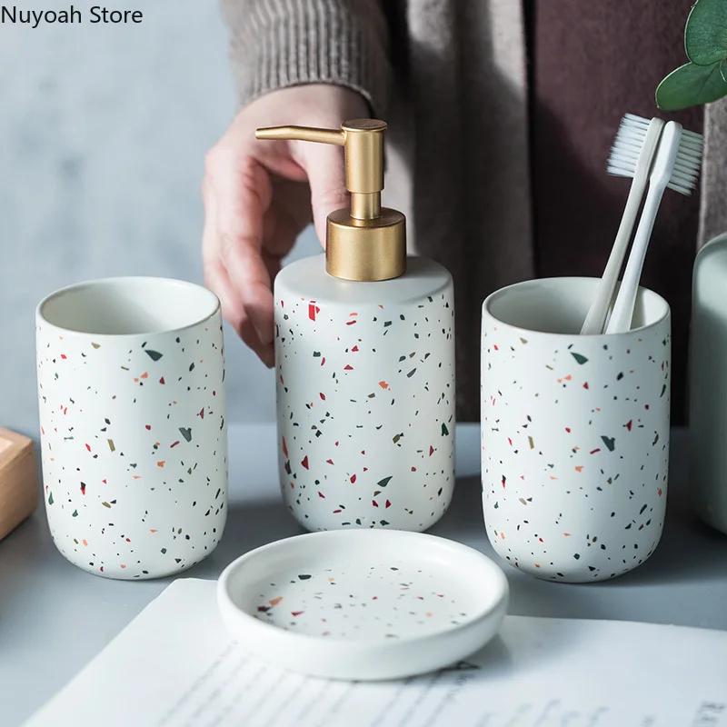 European Bathroom Decoration Set, Terrazzo Ceramic, Emulsion Bottle, Gargle Cup, Soap Dish, Art Supplies