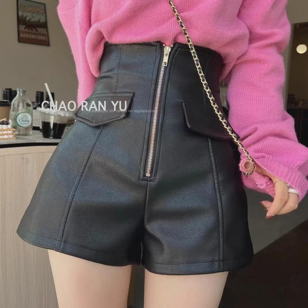 Women's High-Waist PU Leather Shorts, Autumn/Winter, Slim A-Line Wide-Leg Pants, Korean Style with Zipper.