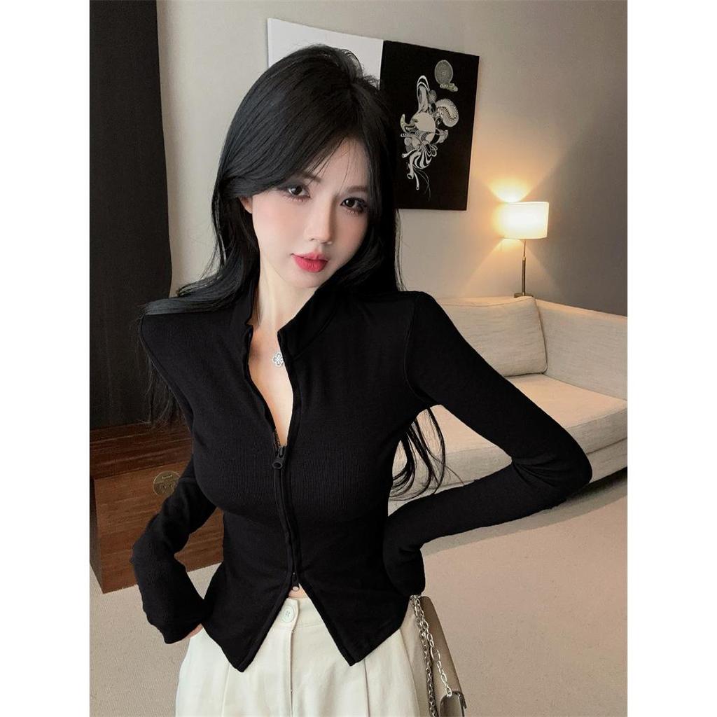 Women's Slim Fit Stand-Up Collar Double Zipper Cardigan Jacket with High Collar and Long Sleeves - Sweet, Cool, Spicy Style