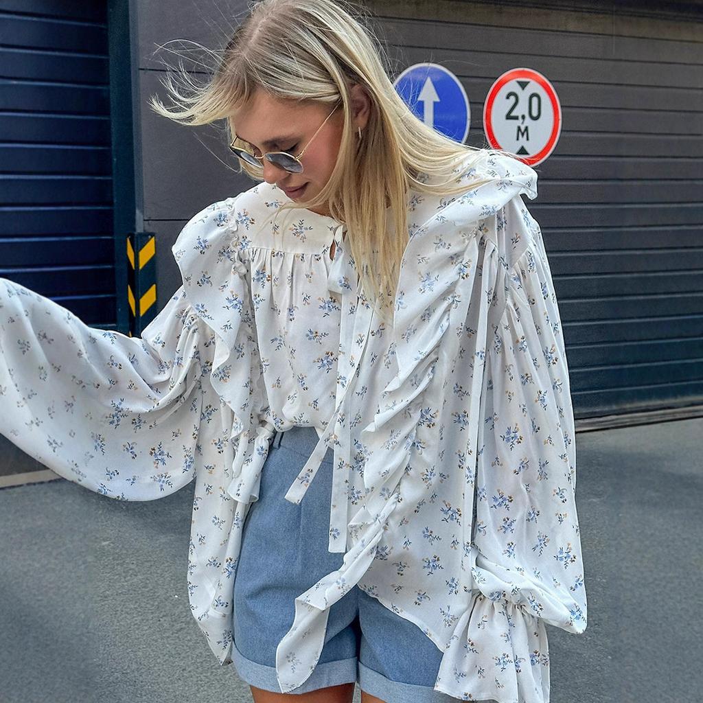 Autumn design sense gentle small floral lotus leaf edge strap chiffon top women's 1116 new French shirt