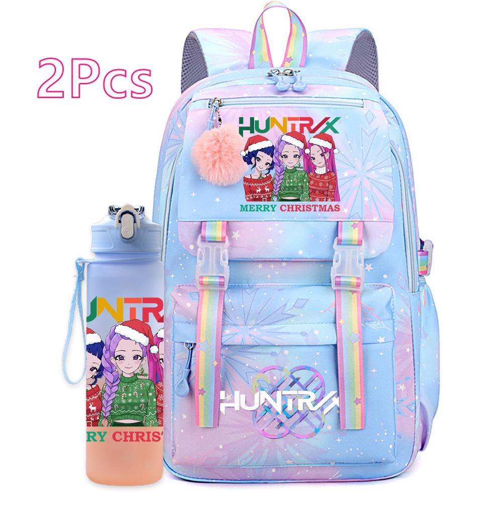 2Pcs/set Christmas K-pop Printed Backpack with 750Ml Water Bottler Large Capacity Travel Bag for Teenager Girl Boy Bookbag Kid Gift Large Capacity Bag