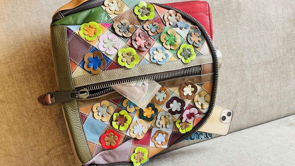 Damen Leder Patchwork Rucksack – Blumen-Design