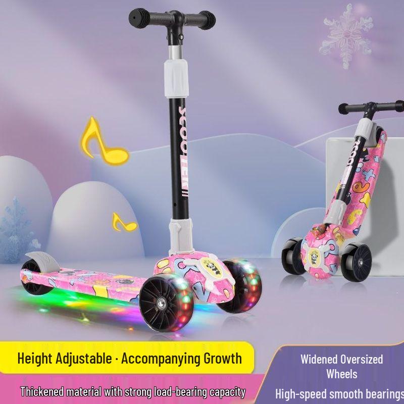 Colorful Folding Scooter with Flashing Music for 2-8 Year Olds - Durable Three-Wheeled Ride-On with Drop-Resistant Handlebar