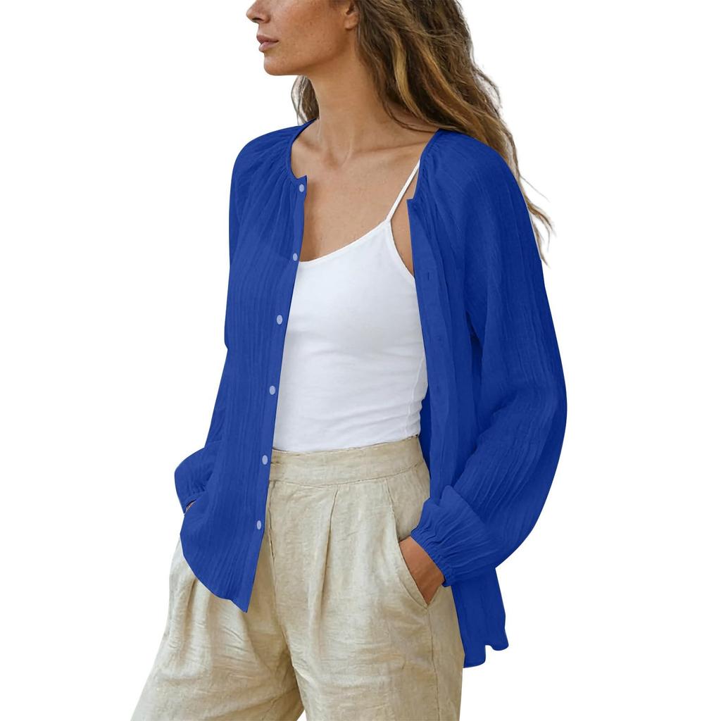 Womens Long Sleeve Button Down Blouse Lightweight Crinkled Fabric Casual Loose Fit Shirt with V Neck Design for Daily Wear