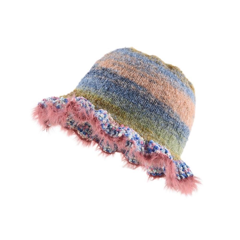 Градиент цвета Радуга Полосатая вязаная шапка Дофамин Плюшевая Рыбацкая шапка Теплая Полосатая Масляная Картина Тканая Рыбацкая шапка