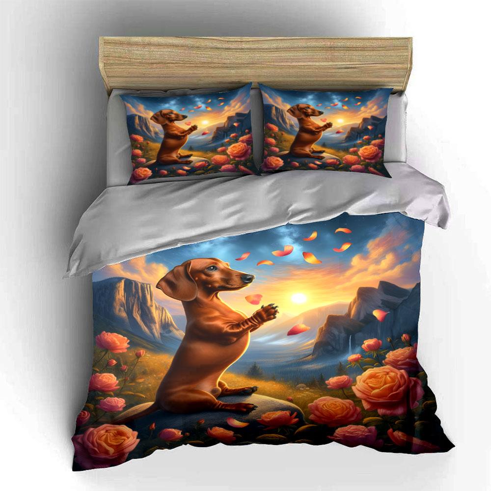 3Pcs Dachshund Sunset Mountain Rose Bedding Set Realistic Pet Floral Print Duvet Cover 2 Pillowcases King Queen Gift