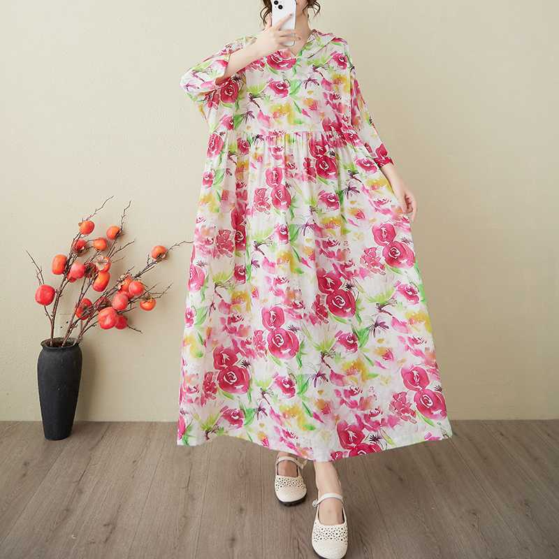 Ladies' Retro Gentle Wind and Cloud Brocade Cotton and Hemp Hooded Dress