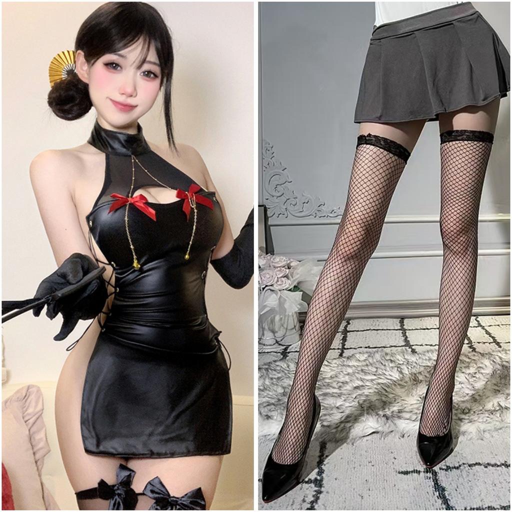 Dark Miniskirt Butterfly Chain Imitation Leather Side Split Elastic Sexy Neck Hollow Chest Woman
