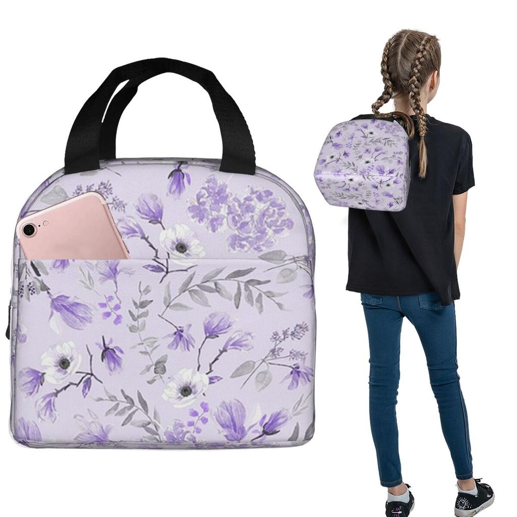 Light Purple Floral Pattern Insulated Lunch Bag for Women Kids Portable Food Boxes Thermal Lunch Box Tote