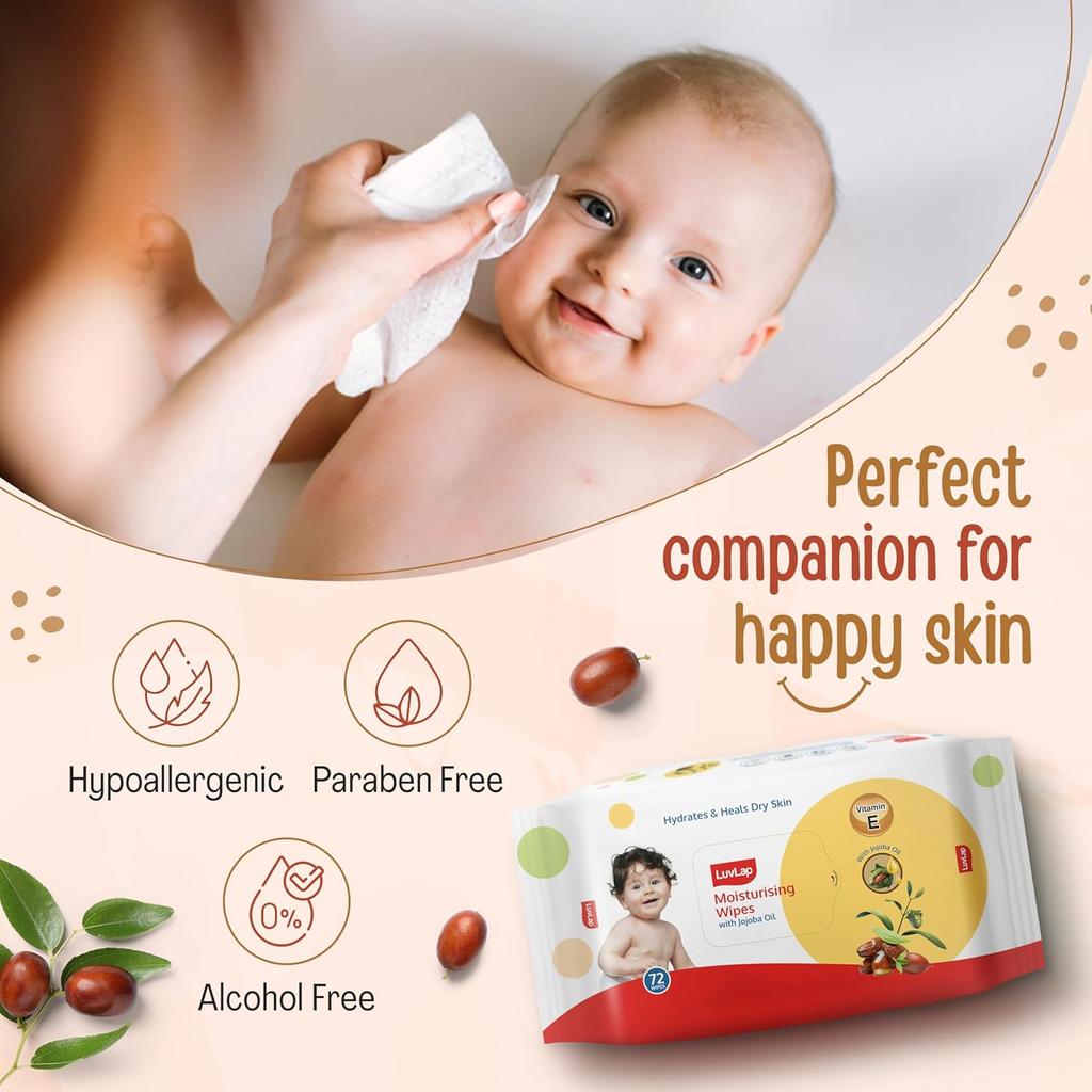 LuvLap Feuchtigkeitsspendende Baby-Feuchttücher Mit Jojobaöl Und Vitamin E Sanfte Hautreinigung 3er-Pack 72 Tücher