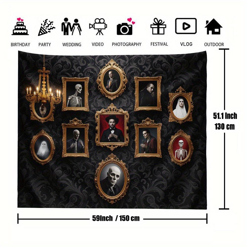 One Halloween decoration scene with a terrifying mansion background, featuring a dramatic Gothic skull portrait design