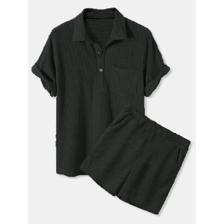 

Men s Casual Loose Checkered Short Sleeved Shirt Short Two Piece Set XXXL чорний