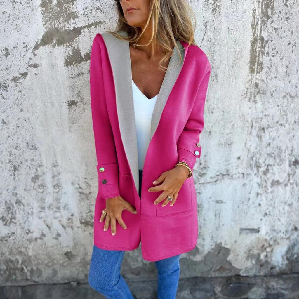 Fashionable Solid Color Long Sleeved Pocket Casual Sweater Cardigan Hooded Jacket