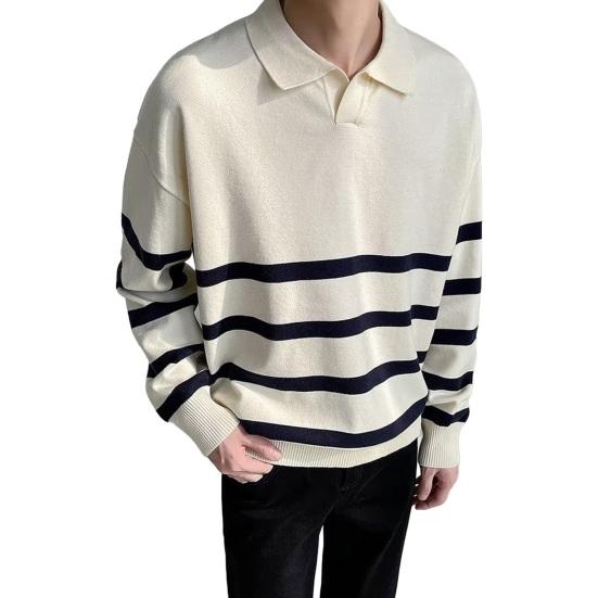 

Осень-зима мужской свитер в полоску с цветными блоками, отложным воротником, трикотажный свободный с длинными рукавами M белый