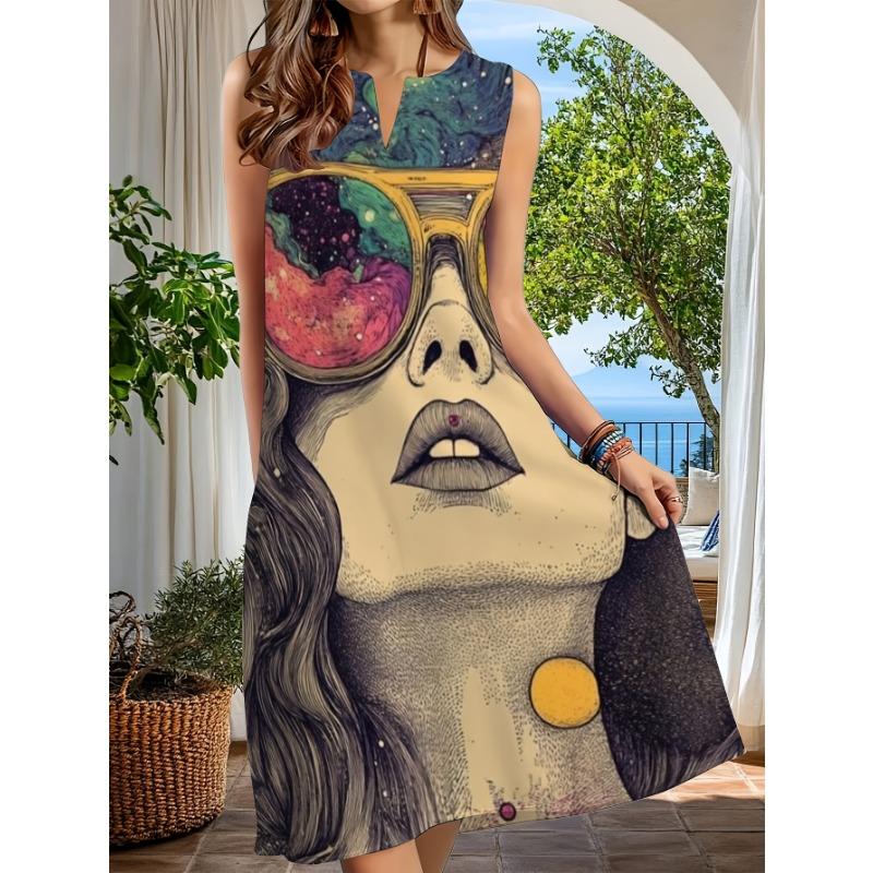 Women's Sleeveless Split Neck Dress with Artistic Graphic Print, Casual Midi Dress for Summer Vacation Beach Daily Wear