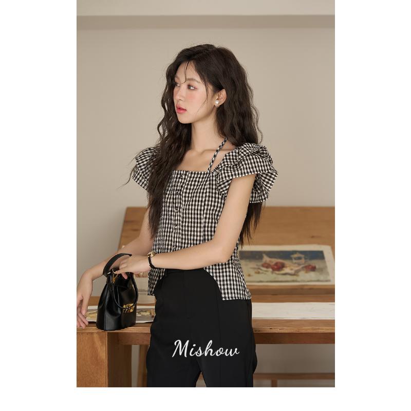 

Женская блузка Mishow, новинка лета 2023, клетчатая блузка с рюшами на рукавах и квадратным воротником, универсальные женские топы в корейском стиле, MXC39X1285