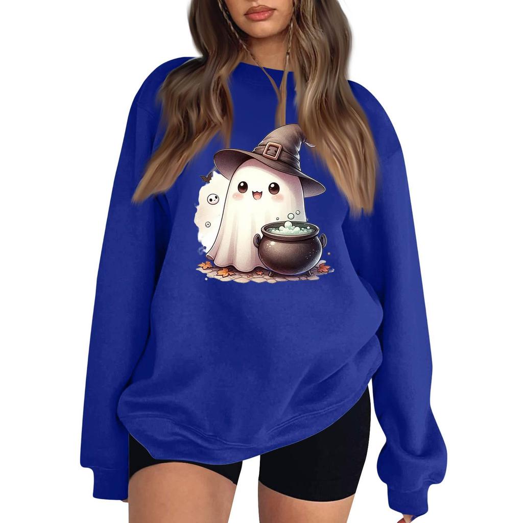 Women's Neck Long Sleeve Loose Fit Casual Sweatshirt Pullover Top with Halloween Print