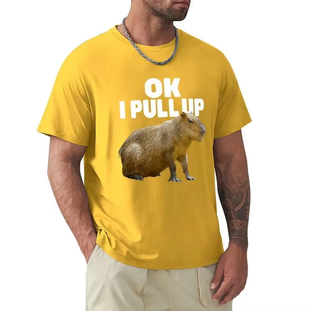 Ok I Pull Up Capybara Graphic Print T-shirt Men's Fashion Casual Loose T-shirts Pure Cotton Gothic T Shirt Vintage Streetwear