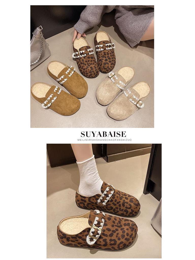 Thick-Soled Fleece-Lined Retro Birkenstock Women's Furry Round-Toe Slippers for Autumn/Winter