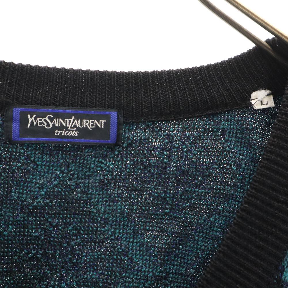 YVES SAINT LAURENT Tricots 90s Old Wool Blend Mohair Blend Argyle Pattern Long Sleeve V Neck Sweater Men's Used