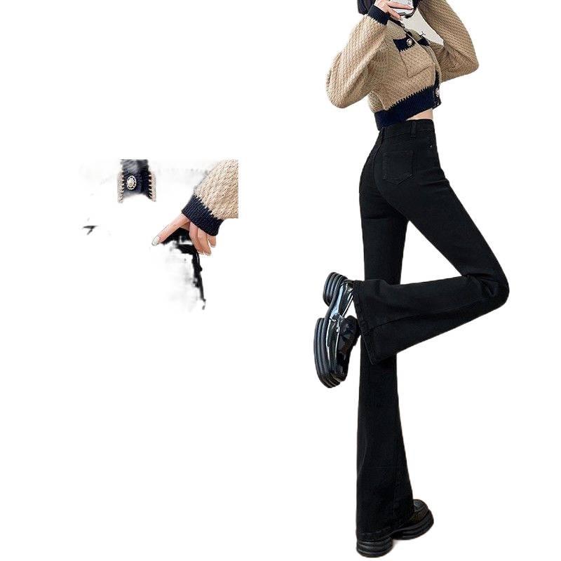 Women's Black Fleece-Lined High-Waist Flared Jeans - Plus Size, Slimming, Height-Enhancing, for Autumn/Winter