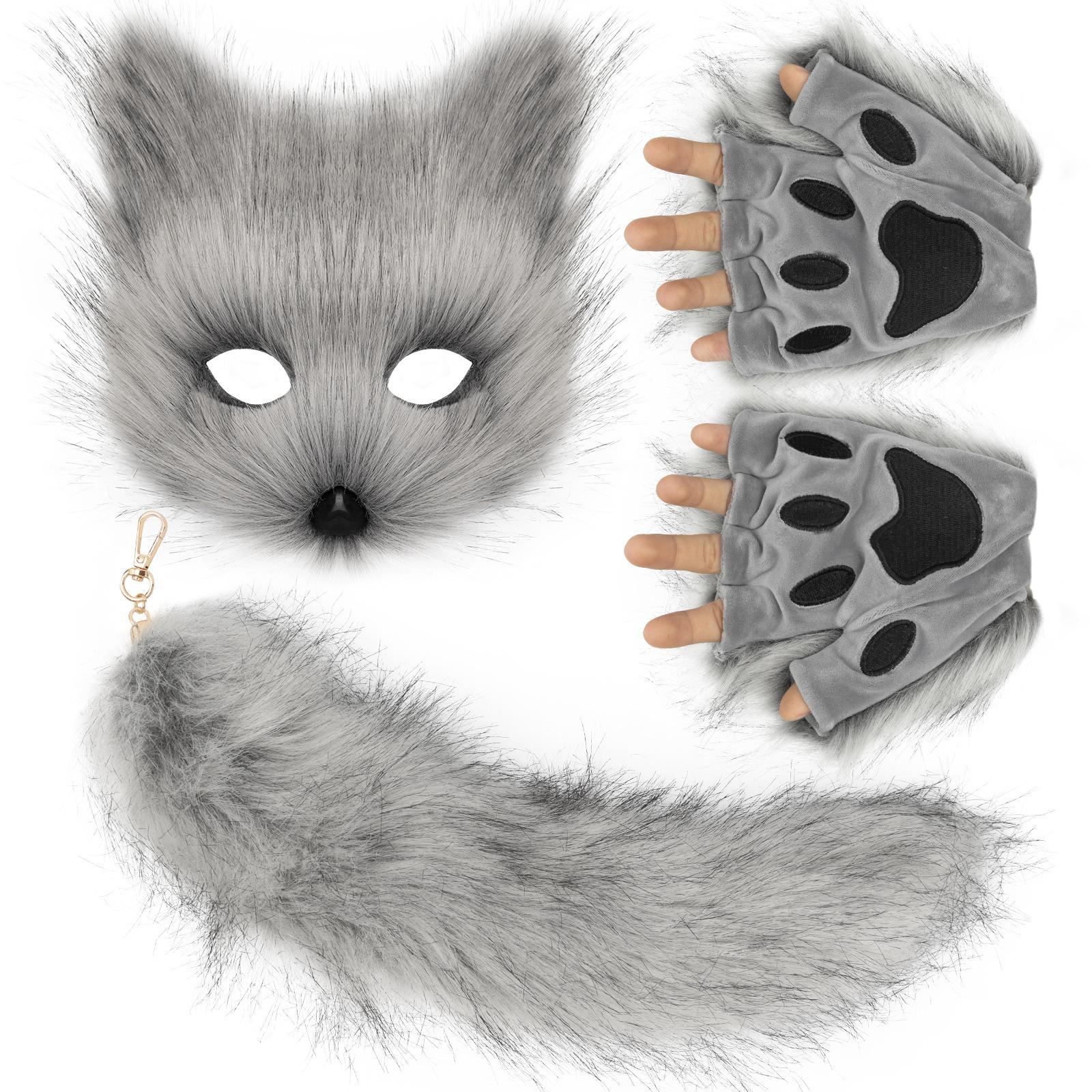 

Plush set with simulated fox mask, gloves, and fox tail cos Handmade tools and accessories темно-серого