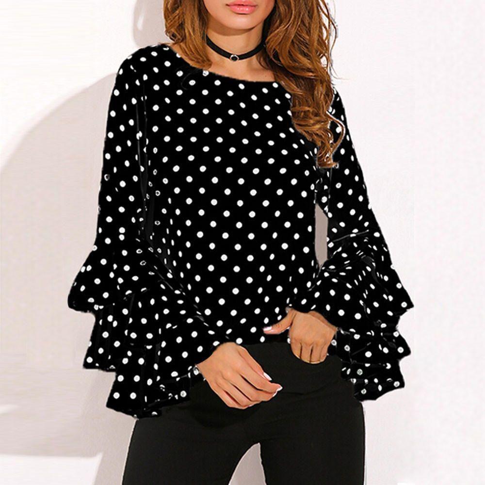 Bell Fashion Women Sleeve Loose Polka Dot Blouse Casual Ladies Shirt Tops