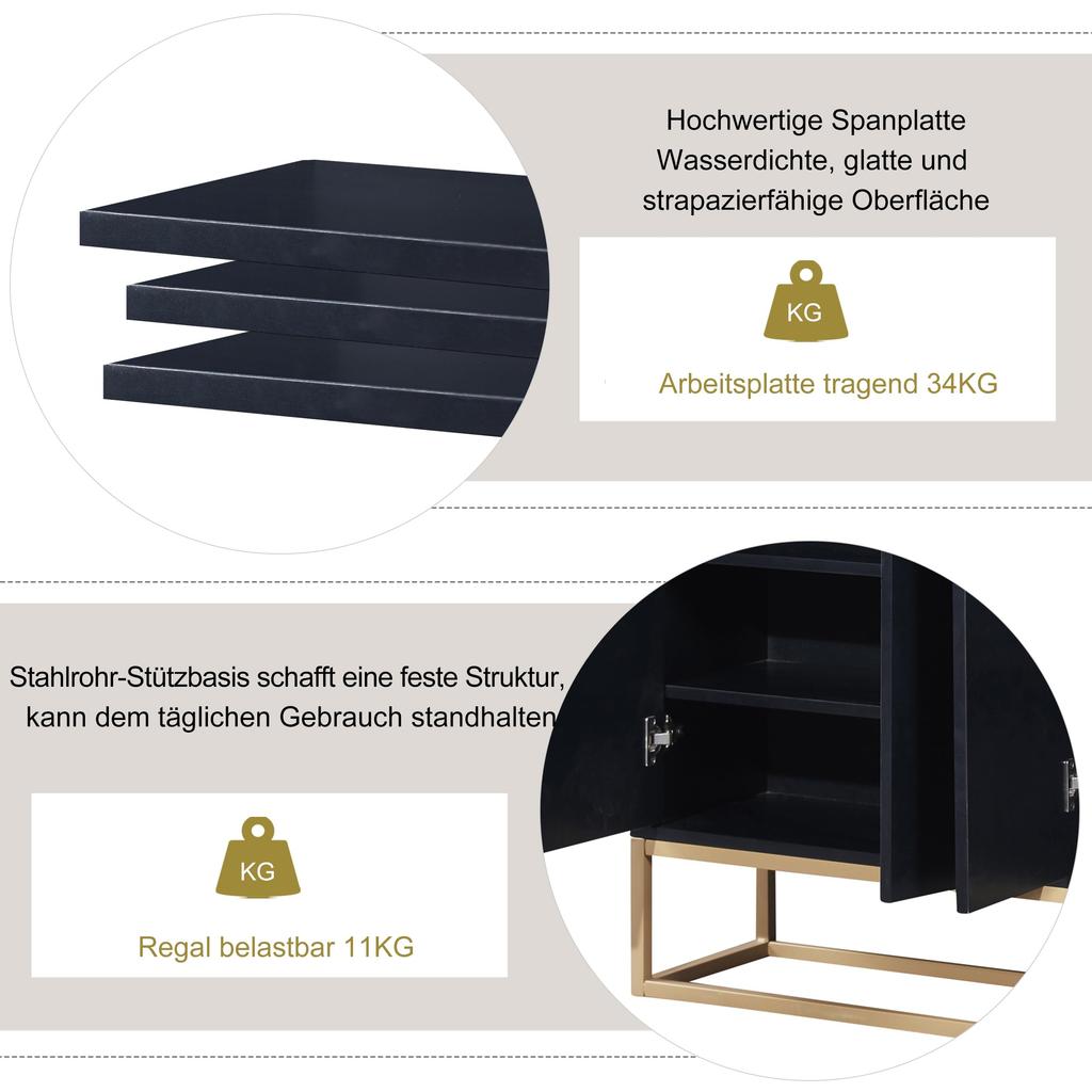 Sideboard Kommode im minimalistischen Stil, Modernes Buffetschrank mit 4 Türen, Metallbeinen, Schubladenkommode mit Verstellbares Regal
