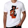 Vintage Halloween Black Cat Playing Electric Guitar Tshirt Casual Simple Design Short Sleeve Shirt