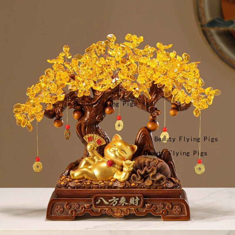 1pc Resin Wealth Cat Ornament Wealth Tree Ornament Home Decoration Resin Crafts Housewarming Gift Chinese Desktop Decoration