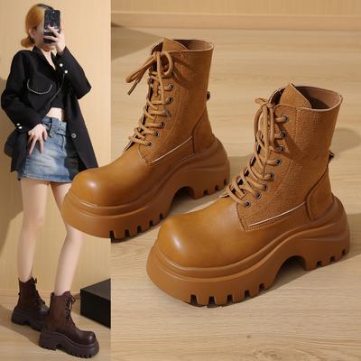 Thick-soled Martin Boots Women's Autumn 2025 New Lace-up Lapel Two-wear Martin Boots Short Boots Tooling Boots Rhubarb Boots
