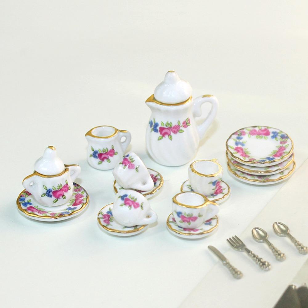 Ceramic Dollhouse Miniature Tea Set Tableware Miniature Porcelain Tea Cup Set Kitchen Decor