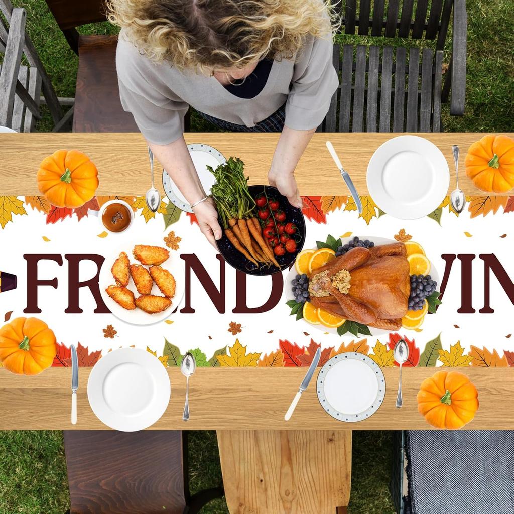 Friendsgiving Table Runner Thanksgiving Table Runner Pumpkin Maple LeavesTurkey Tablecover for Thanksgiving Friendsgiving Party Decorations 73x14inch