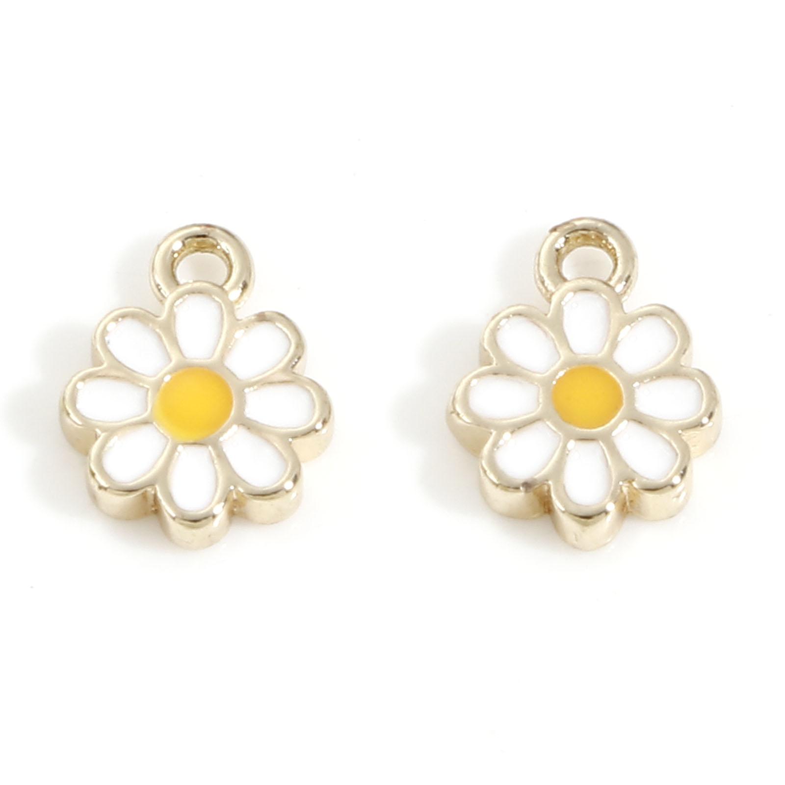 2pcs White & Yellow Daisy Flower Enamel Charms Brass Charms 14K Gold Plated Small Pendants for Jewelry Making 8mm x 6mm,