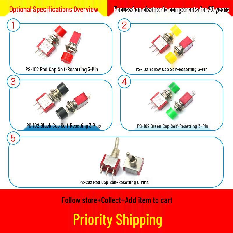 Round Momentary Pushbutton Switch PS-102, Self-Resetting, with Cap, 3/6 Pins