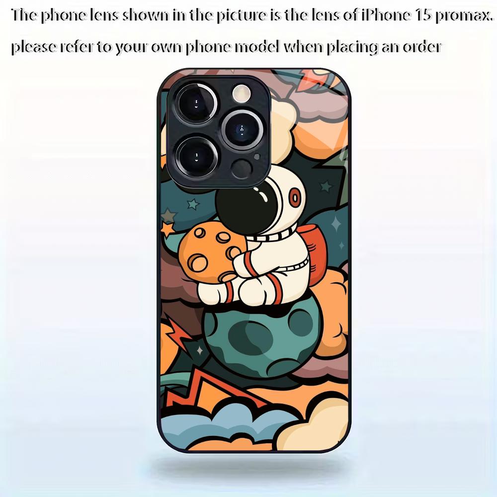 Animacinis astronautų raštas grūdinto stiklo telefono dėklas, tinkantis iPhone 17 16 15 14 13 12 11 Pro Max Plus, atsparus smūgiams galinis dangtelis